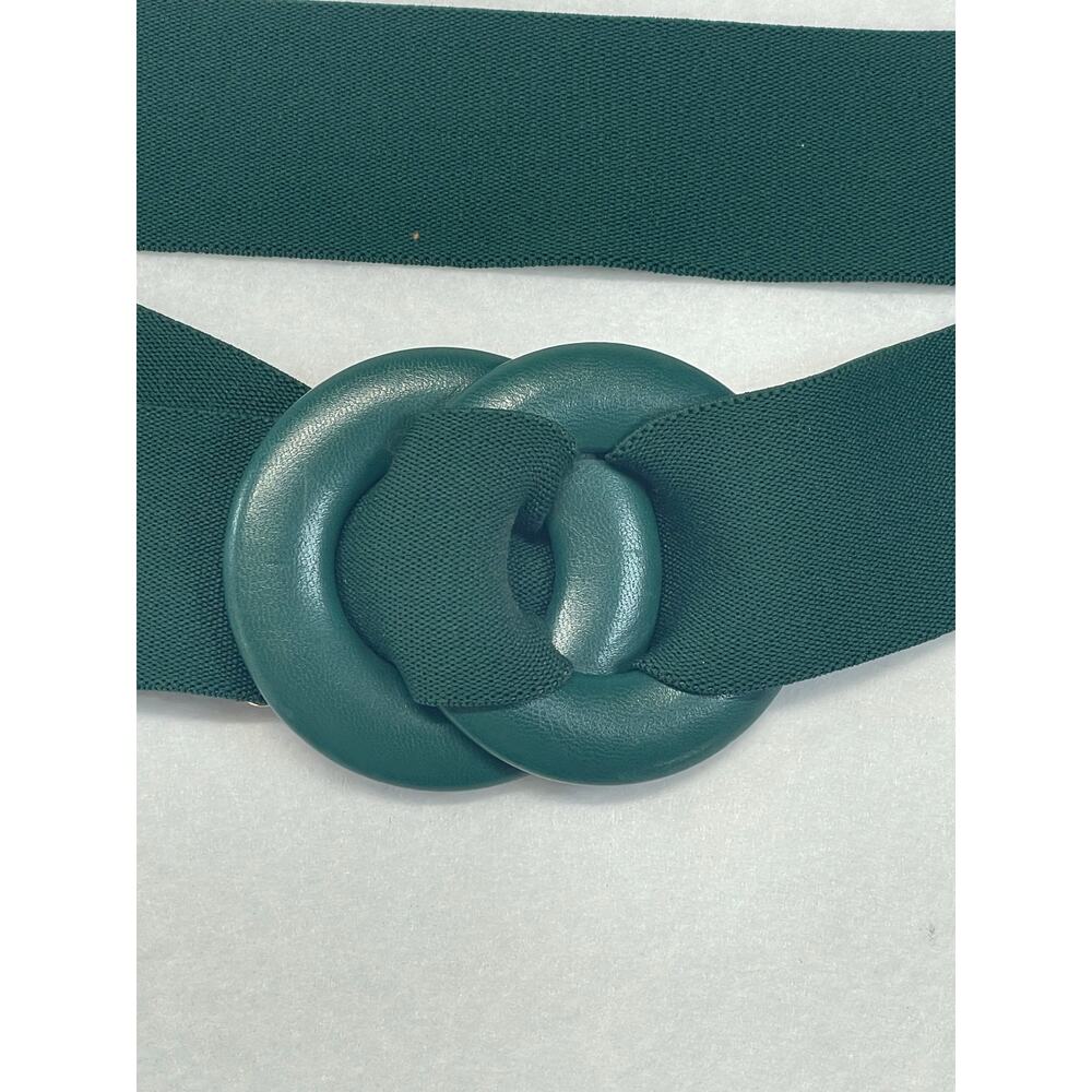 Vintage 80s Green Stretch Cinch Waist Belt Wide Elastic Double Ring Buckle OS - Picture 7 of 7